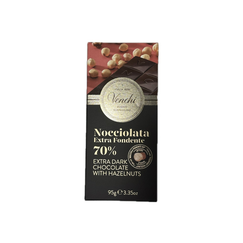 TABLETA DE CHOCOLATE NEGRO 70% CON AVELLANAS VENCHI 95G.