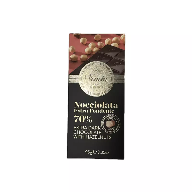 TABLETA DE CHOCOLATE NEGRO 70% CON AVELLANAS VENCHI 95G.